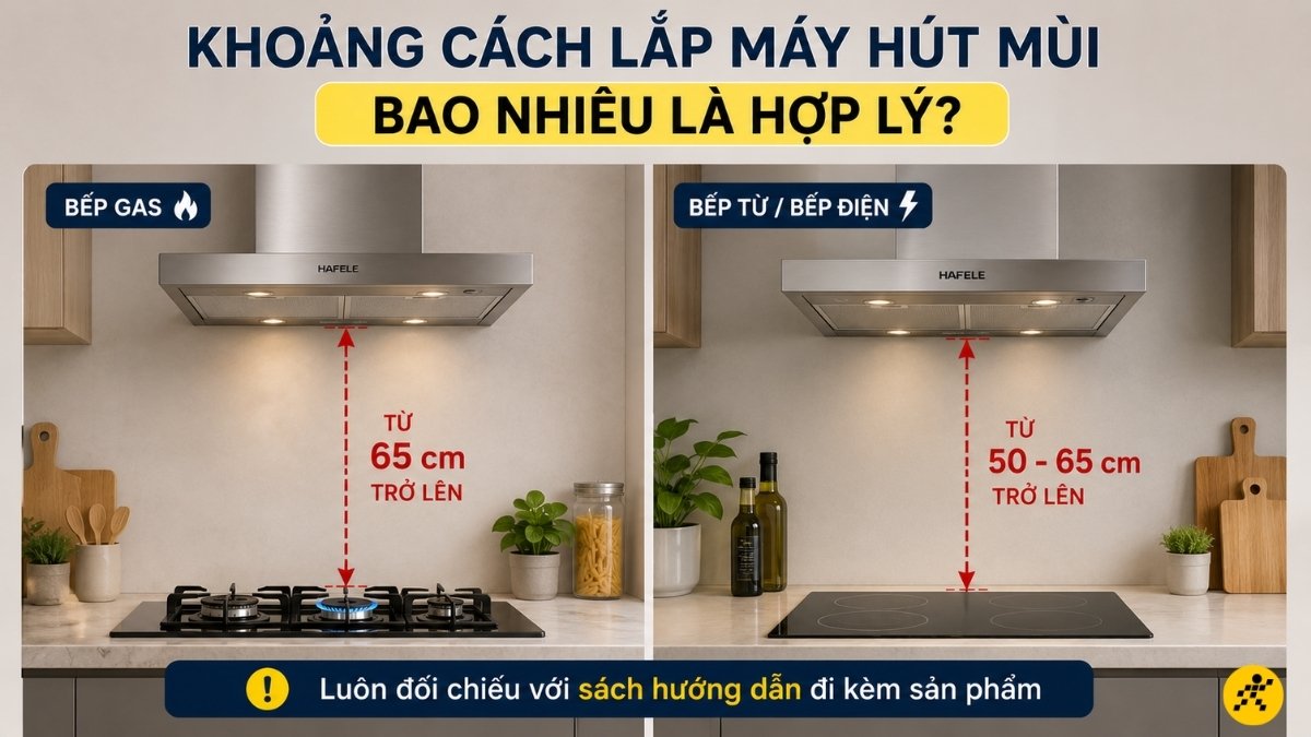 Khoảng cách lắp được tính từ mặt bếp đến đáy máy