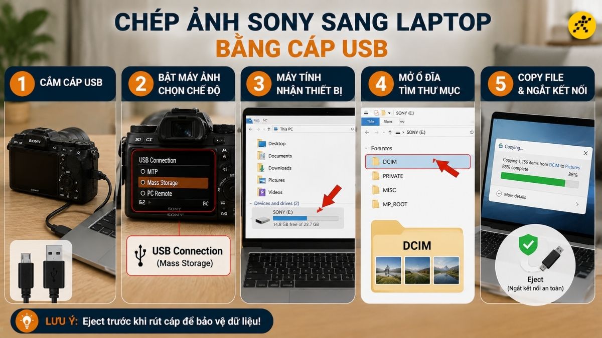C&aacute;ch ch&eacute;p ảnh m&aacute;y ảnh Sony bằng c&aacute;p USB