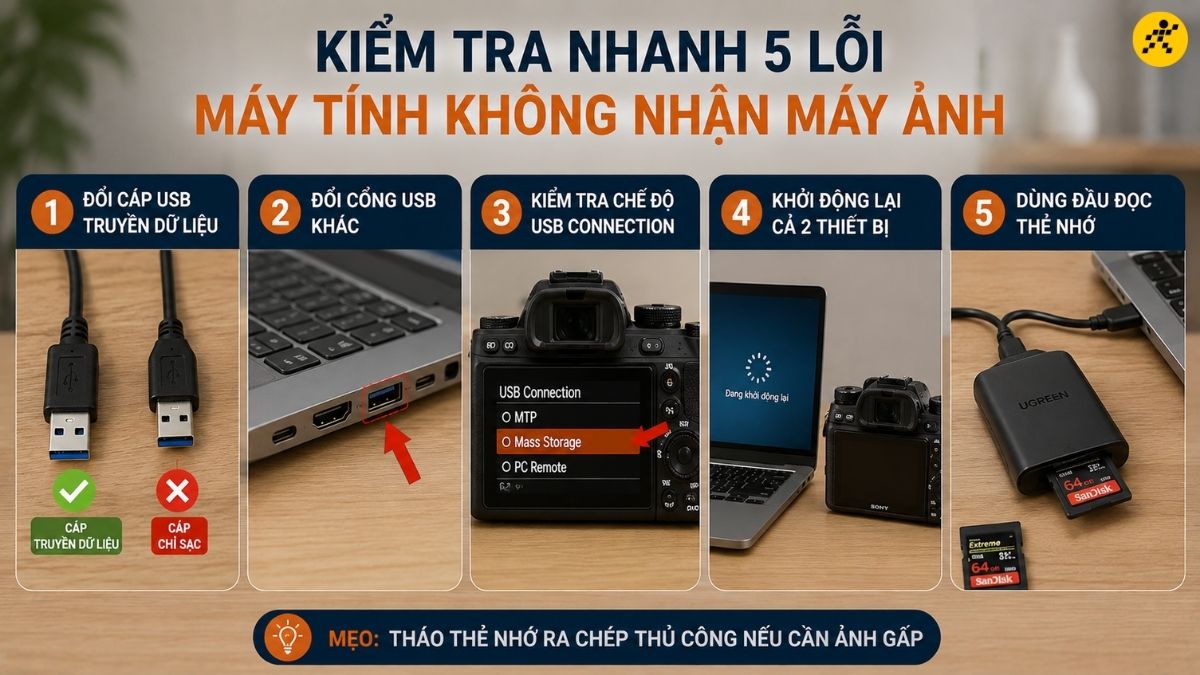 5 lỗi khi m&aacute;y t&iacute;nh kh&ocirc;ng nhận m&aacute;y ảnh