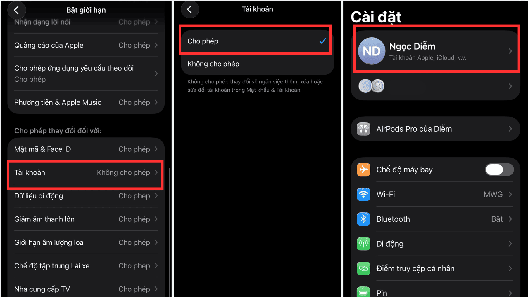 K&eacute;o xuống dưới bấm v&agrave;o mục T&agrave;i khoản, chọn Cho ph&eacute;p