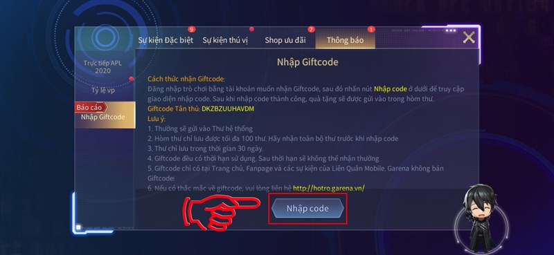 Chọn Nhập code để mở ô nhập mã
