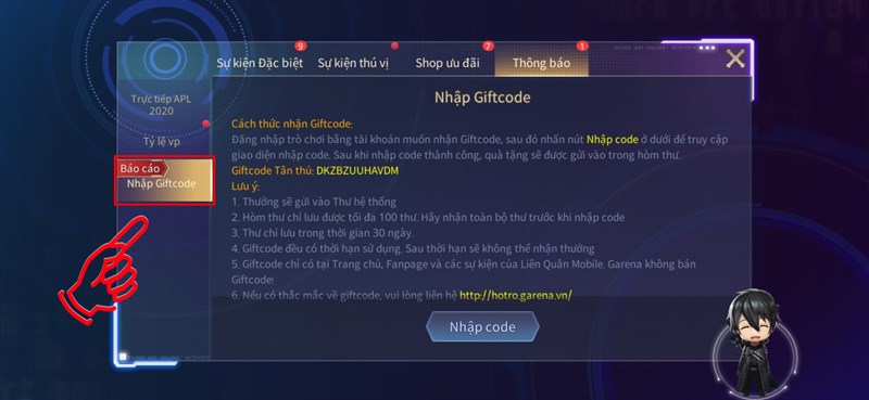 Nhấn chọn Nhập Giftcode
