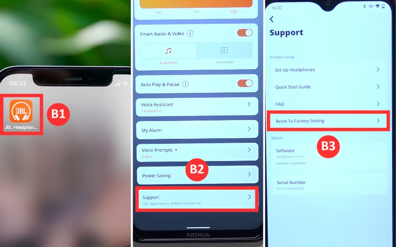 Chọn lệnh Reset to Factory Settings trong tai nghe JBL để tiến hành reset Chọn lệnh Reset to Factory Settings trong tai nghe JBL để tiến hành reset