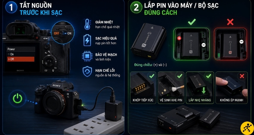 Lắp pin đúng cách trước khi sạc máy ảnh Sony Lắp pin đúng cách trước khi sạc máy ảnh Sony