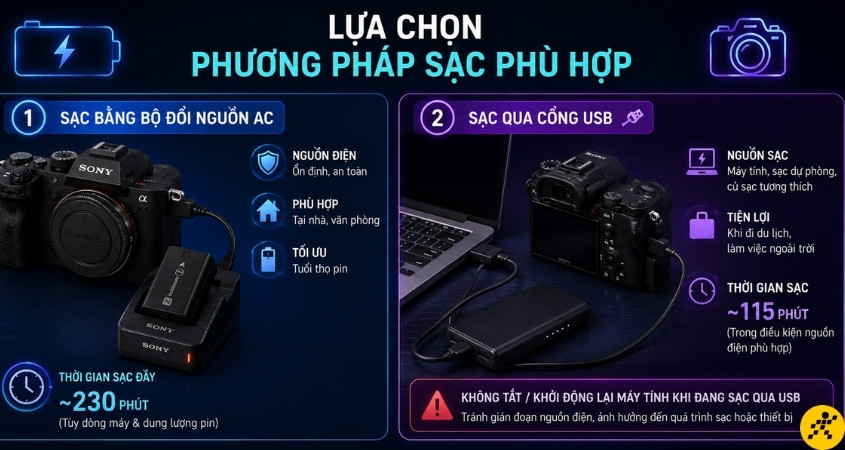 Hãy lựa chọn phương pháp sạc phù hợp với máy ảnh Sony Hãy lựa chọn phương pháp sạc phù hợp với máy ảnh Sony