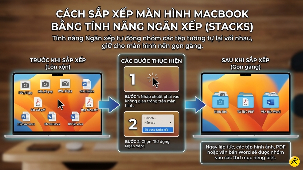 C&aacute;ch sắp xếp m&agrave;n h&igrave;nh MacBook bằng t&iacute;nh năng Ngăn xếp