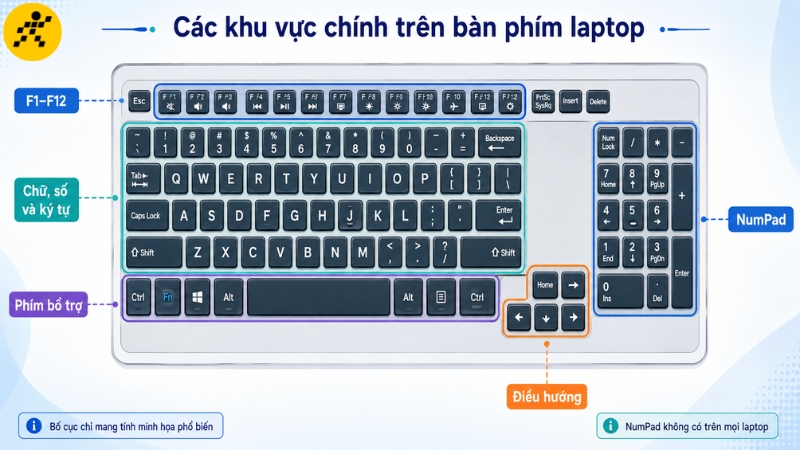 C&aacute;c khu vực chức năng gi&uacute;p người mới x&aacute;c định nhanh nh&oacute;m ph&iacute;m cần sử dụng