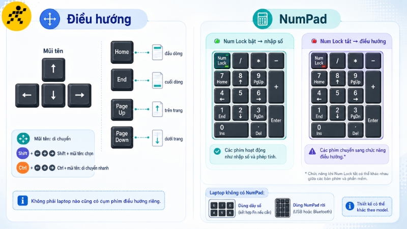 Ph&iacute;m điều hướng hỗ trợ di chuyển, c&ograve;n Num Lock thay đổi chức năng của cụm b&agrave;n ph&iacute;m số