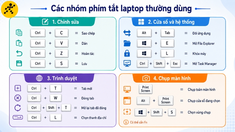 Ghi nhớ ph&iacute;m tắt theo từng nh&oacute;m gi&uacute;p giảm phụ thuộc v&agrave;o chuột