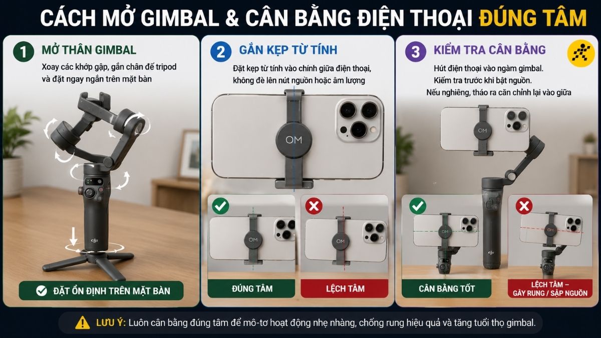 Cách mở gimbal và cân bằng điện thoại đúng tâm Cách mở gimbal và cân bằng điện thoại đúng tâm