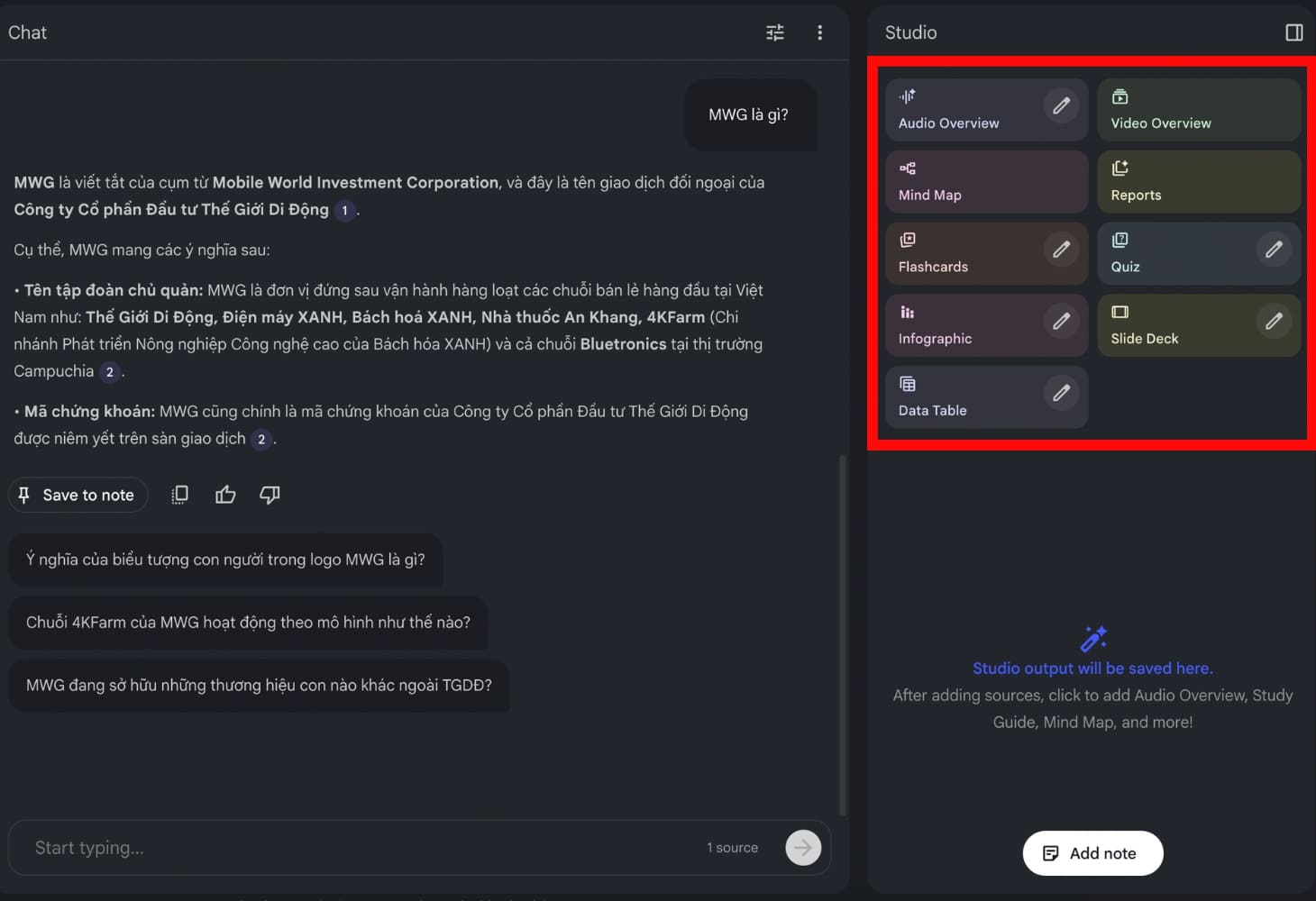 Phần Studio trên NotebookLM