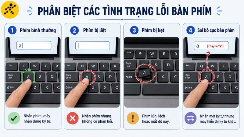 Phân biệt bàn phím hoạt động bình thường với các tình trạng liệt phím, kẹt phím và nhập sai ký tự Phân biệt bàn phím hoạt động bình thường với các tình trạng liệt phím, kẹt phím và nhập sai ký tự