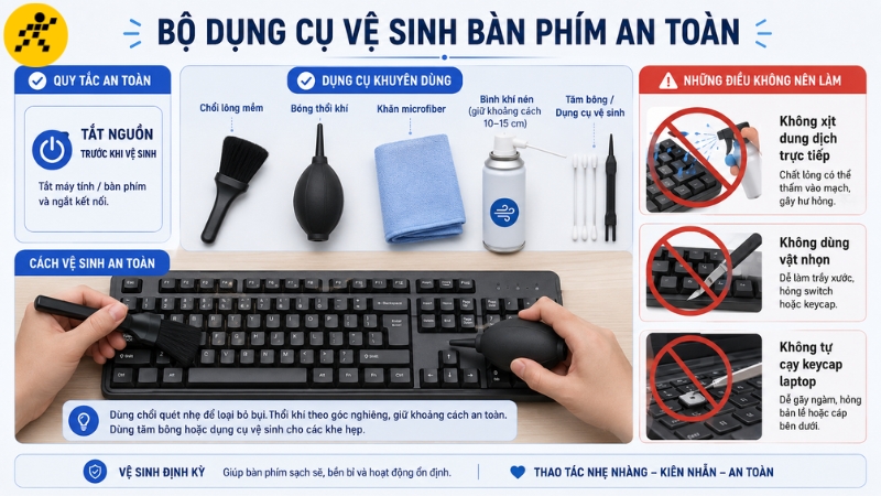 Tắt nguồn và sử dụng đúng dụng cụ giúp vệ sinh bàn phím an toàn, hạn chế làm hỏng keycap và linh kiện bên trong Tắt nguồn và sử dụng đúng dụng cụ giúp vệ sinh bàn phím an toàn, hạn chế làm hỏng keycap và linh kiện bên trong