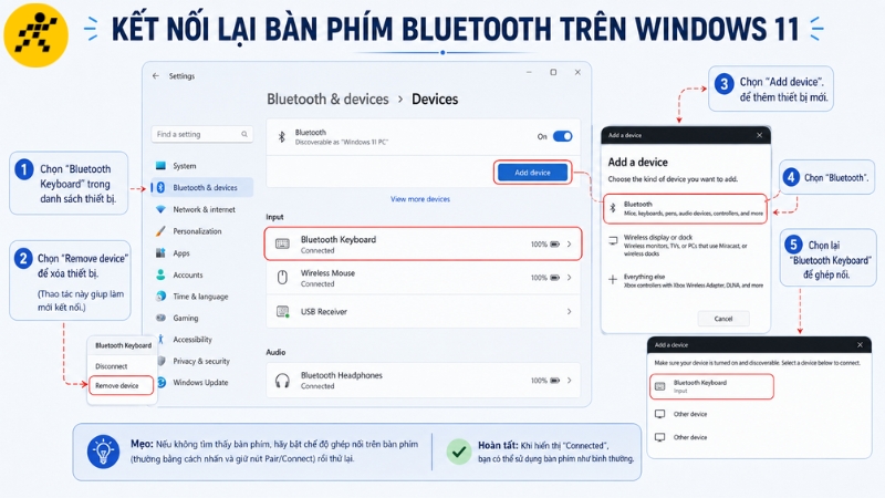Xóa thiết bị cũ và ghép nối lại bàn phím Bluetooth trong phần Bluetooth & devices trên Windows 11 Xóa thiết bị cũ và ghép nối lại bàn phím Bluetooth trong phần Bluetooth & devices trên Windows 11