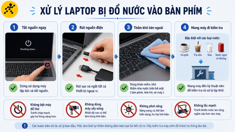 Khi laptop bị đổ nước vào bàn phím, hãy tắt nguồn, rút sạc, thấm khô bên ngoài và mang máy đi kiểm tra sớm Khi laptop bị đổ nước vào bàn phím, hãy tắt nguồn, rút sạc, thấm khô bên ngoài và mang máy đi kiểm tra sớm