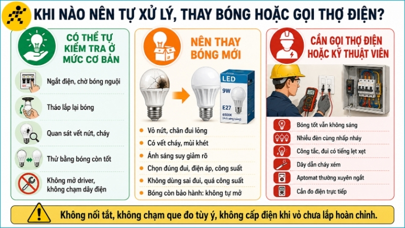Tự kiểm tra khi an toàn, thay bóng hỏng và gọi thợ nếu hệ thống điện bất thường Tự kiểm tra khi an toàn, thay bóng hỏng và gọi thợ nếu hệ thống điện bất thường