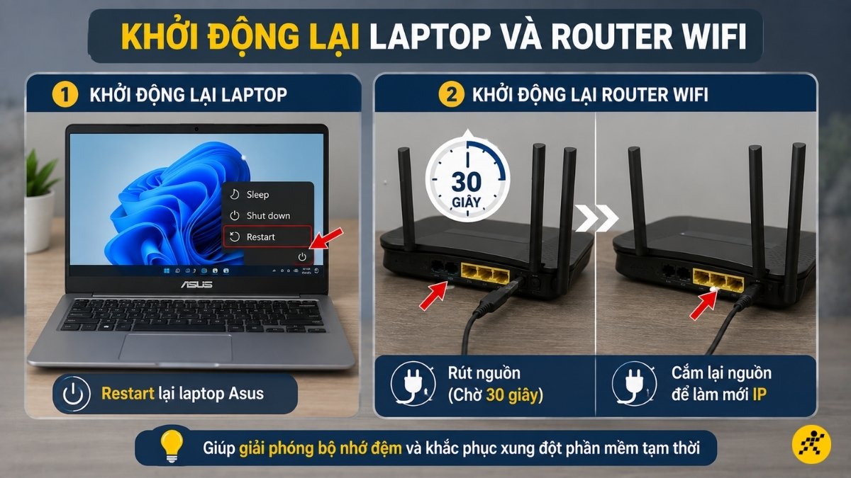 Khởi động lại laptop v&agrave; Router WiFi