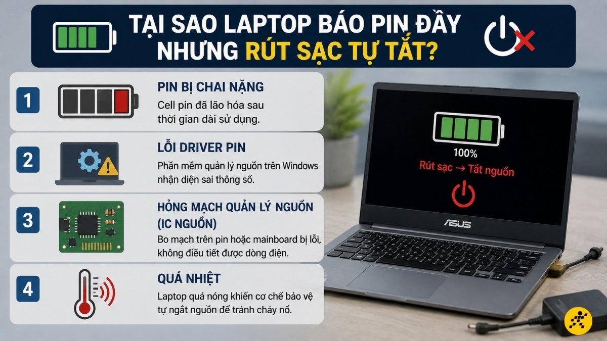 Laptop b&aacute;o pin đầy nhưng r&uacute;t sạc tự tắt