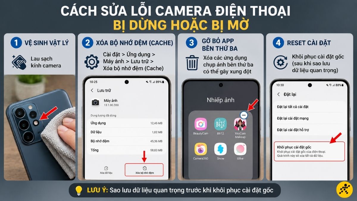 C&aacute;ch sửa lỗi camera điện thoại bị dừng hoặc bị mờ