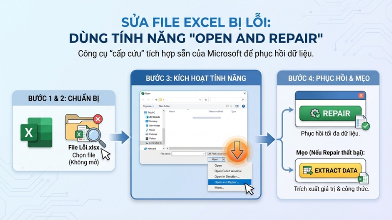 D&ugrave;ng t&iacute;nh năng Open and Repair (Mở v&agrave; Sửa chữa) t&iacute;ch hợp sẵn
