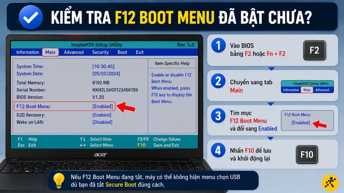 Kiểm tra F12 Boot Menu đã bật chưa Kiểm tra F12 Boot Menu đã bật chưa