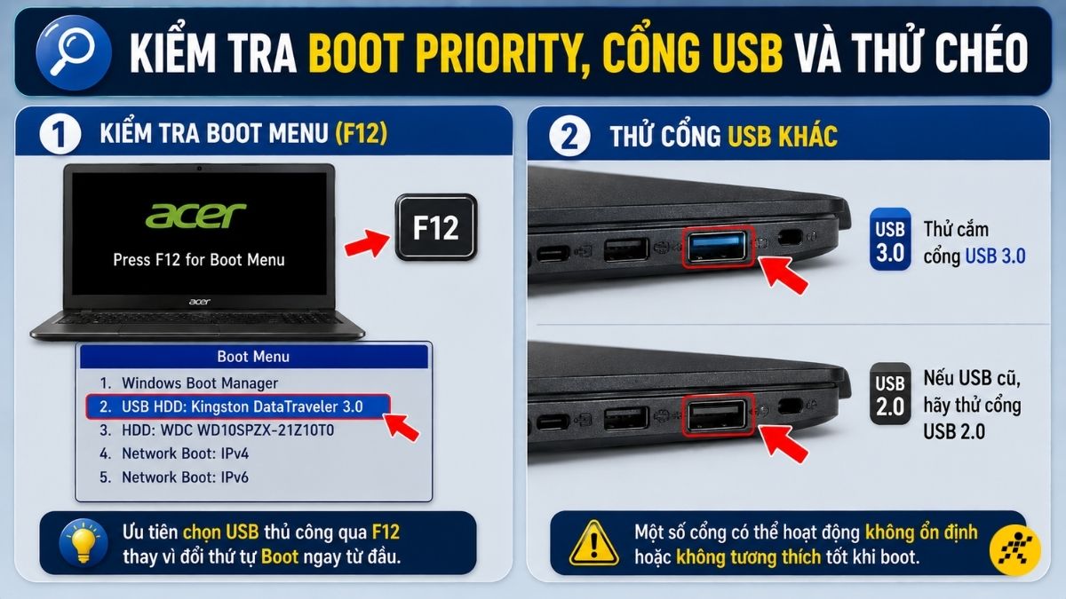 Kiểm tra Boot Priority, cổng USB và thử chéo Kiểm tra Boot Priority, cổng USB và thử chéo