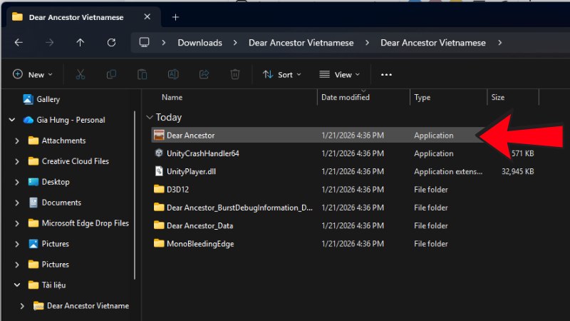 Mở thư mục đã giải nén và chạy file Dear Ancestor để bắt đầu chơi
