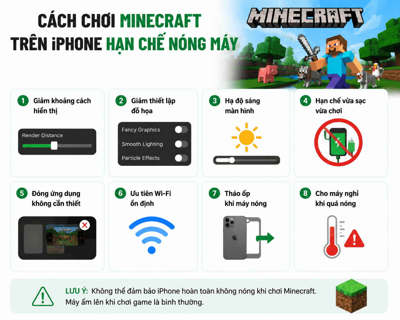 C&aacute;ch chơi Minecraft tr&ecirc;n iPhone hạn chế n&oacute;ng m&aacute;y