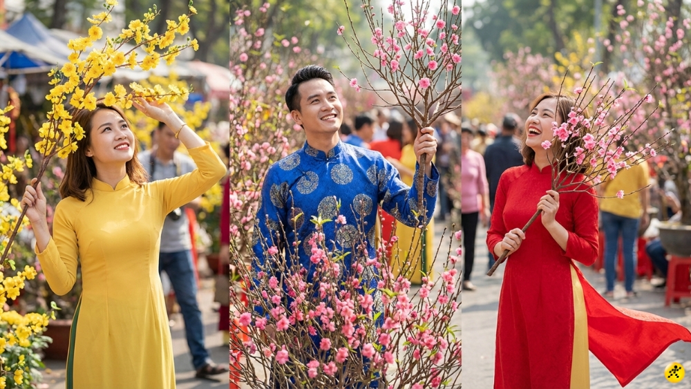 Tạo d&aacute;ng với hoa đ&agrave;o, mai ng&agrave;y Tết 