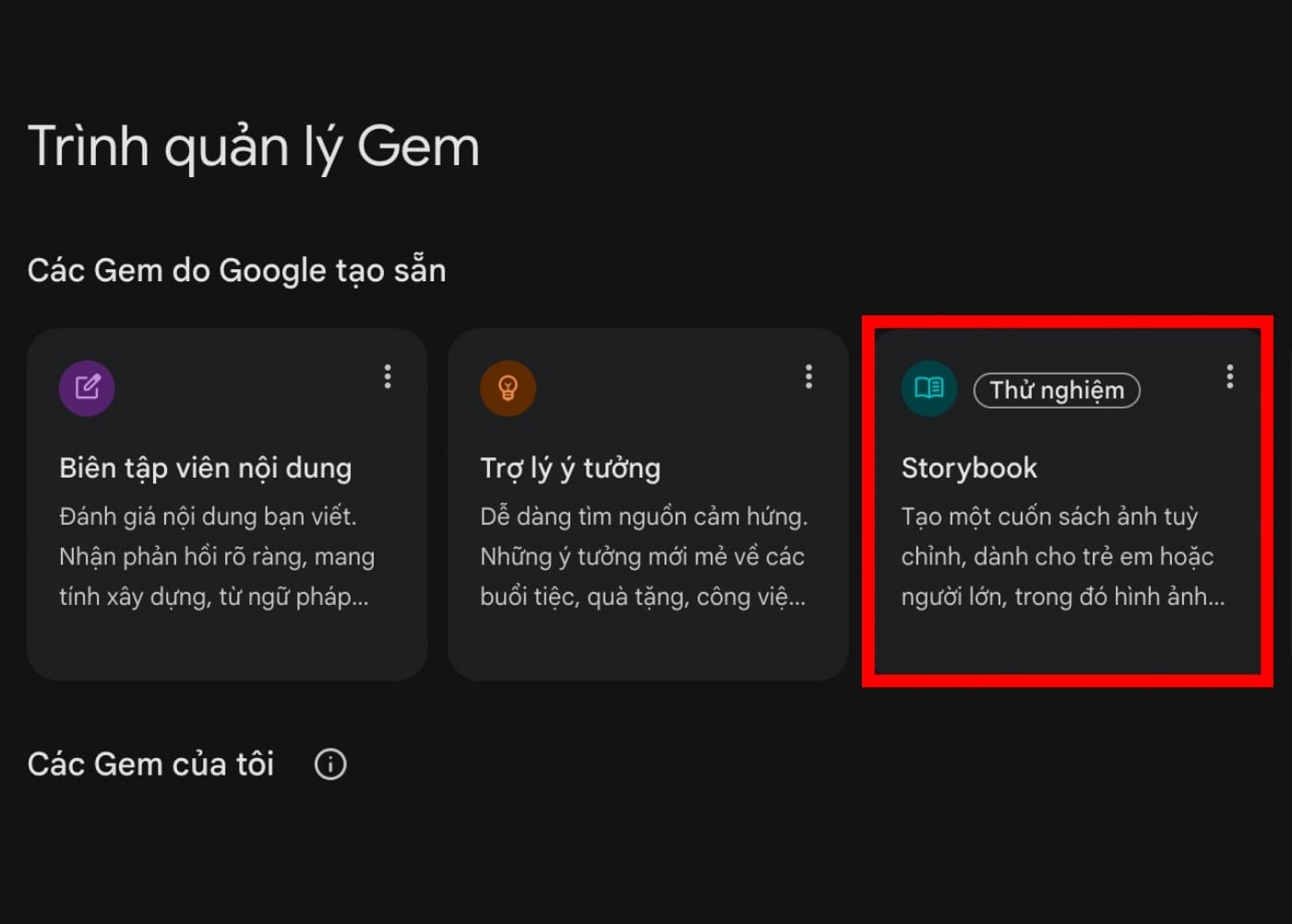 Chọn Storybook trong mục Gem Chọn Storybook trong mục Gem