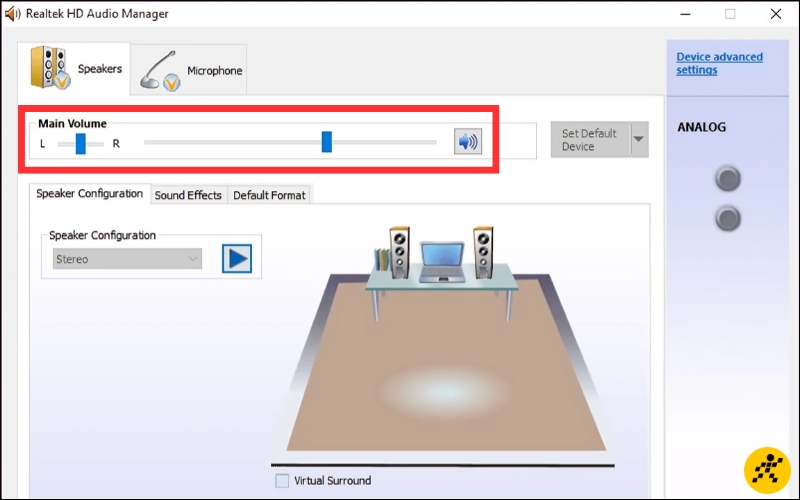 Kéo thanh trượt cân bằng về một vế trong mục Speaker Configuration của Realtek HD Audio Manager Kéo thanh trượt cân bằng về một vế trong mục Speaker Configuration của Realtek HD Audio Manager