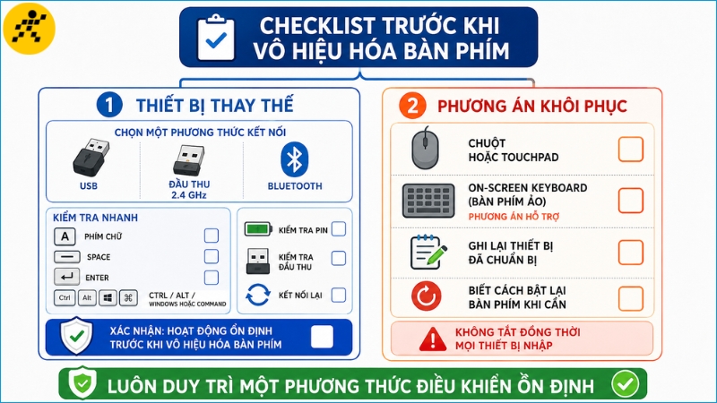 Kiểm tra bàn phím ngoài và phương án khôi phục trước khi vô hiệu hóa thiết bị Kiểm tra bàn phím ngoài và phương án khôi phục trước khi vô hiệu hóa thiết bị