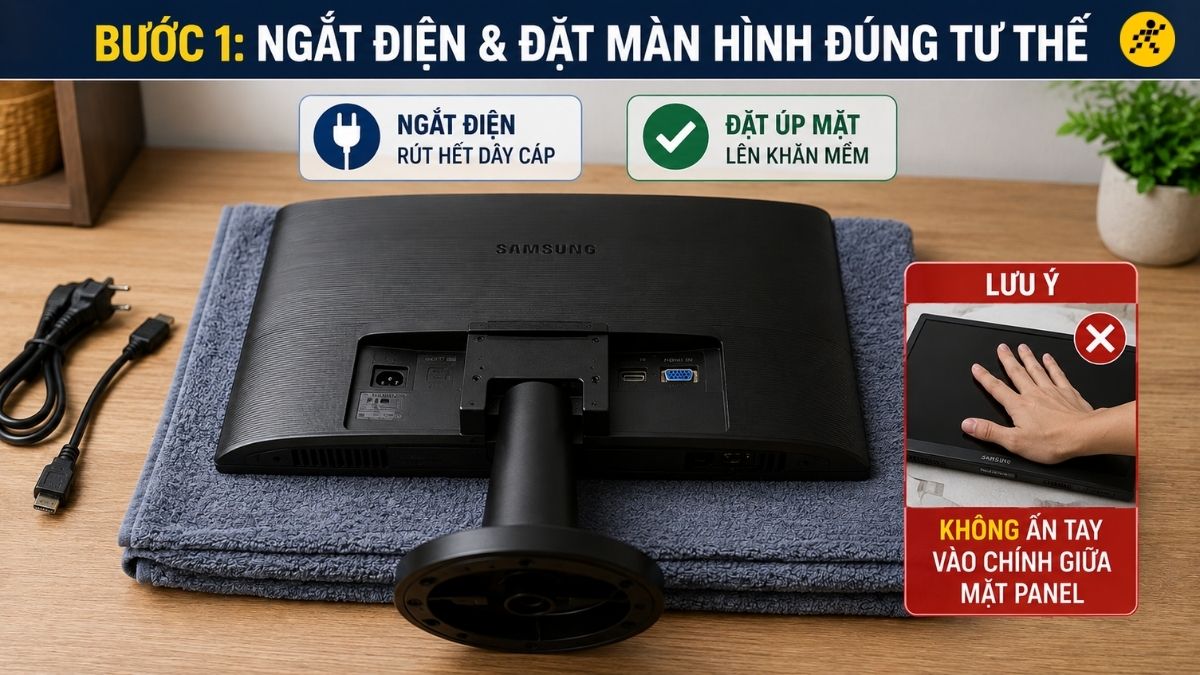 Đặt màn hình úp mặt xuống một chiếc khăn mềm Đặt màn hình úp mặt xuống một chiếc khăn mềm