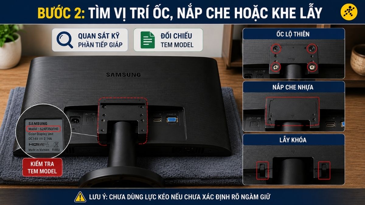 Tìm vị trí ốc, nắp che hoặc khe lẫy Tìm vị trí ốc, nắp che hoặc khe lẫy