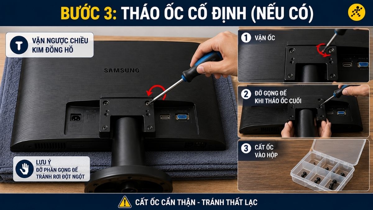 Dùng tua vít 4 cạnh vặn ngược chiều kim đồng hồ Dùng tua vít 4 cạnh vặn ngược chiều kim đồng hồ