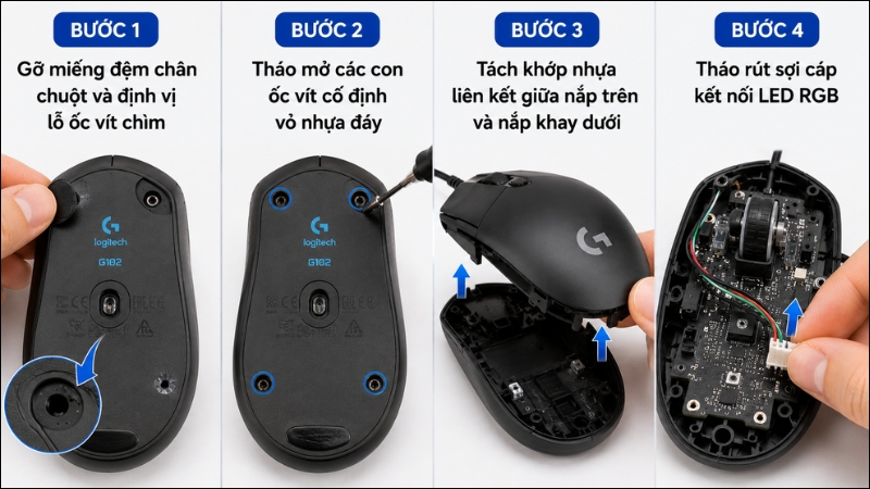 Quy tr&igrave;nh 4 bước th&aacute;o chuột Logitech G102