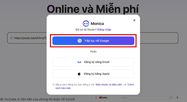 Đăng nhập vào Monica AI bằng tài khoản Google