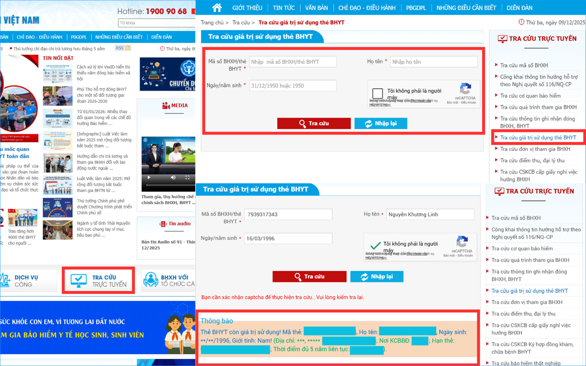 Giao diện tra cứu giá trị sử dụng thẻ BHYT trên website