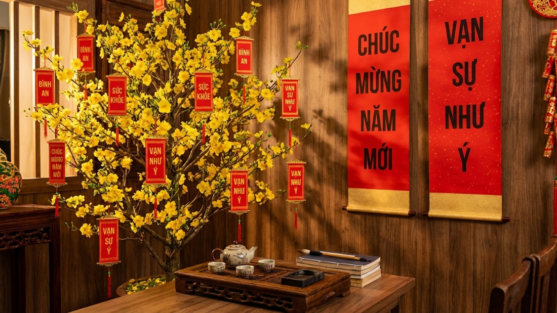 Treo c&acirc;u đối đỏ, liễn thư ph&aacute;p