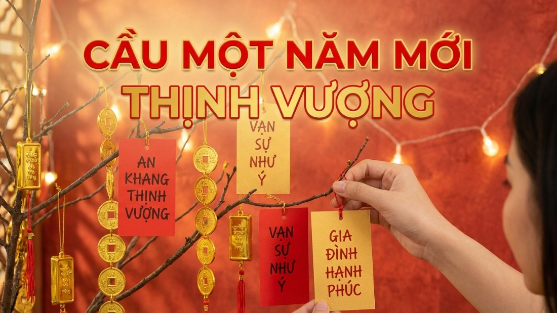 Treo c&aacute;c biểu tượng t&agrave;i lộc v&agrave; thiệp ch&uacute;c mừng