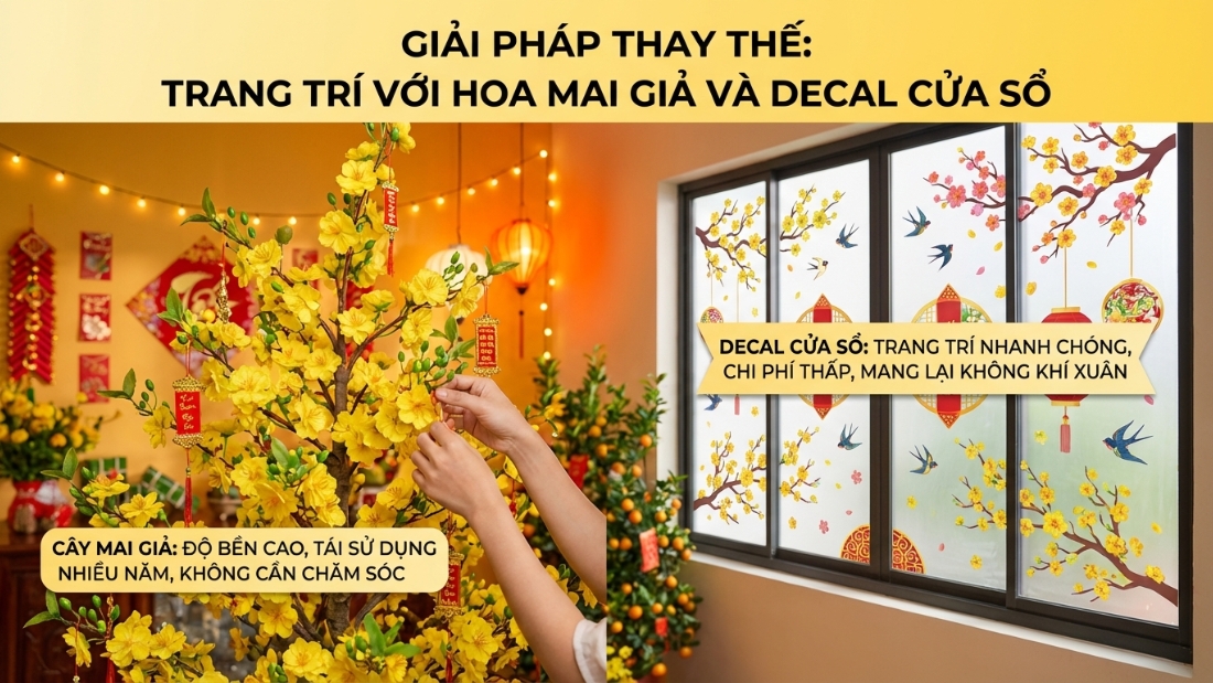 Trang tr&iacute; c&acirc;y mai giả v&agrave; decal d&aacute;n k&iacute;nh