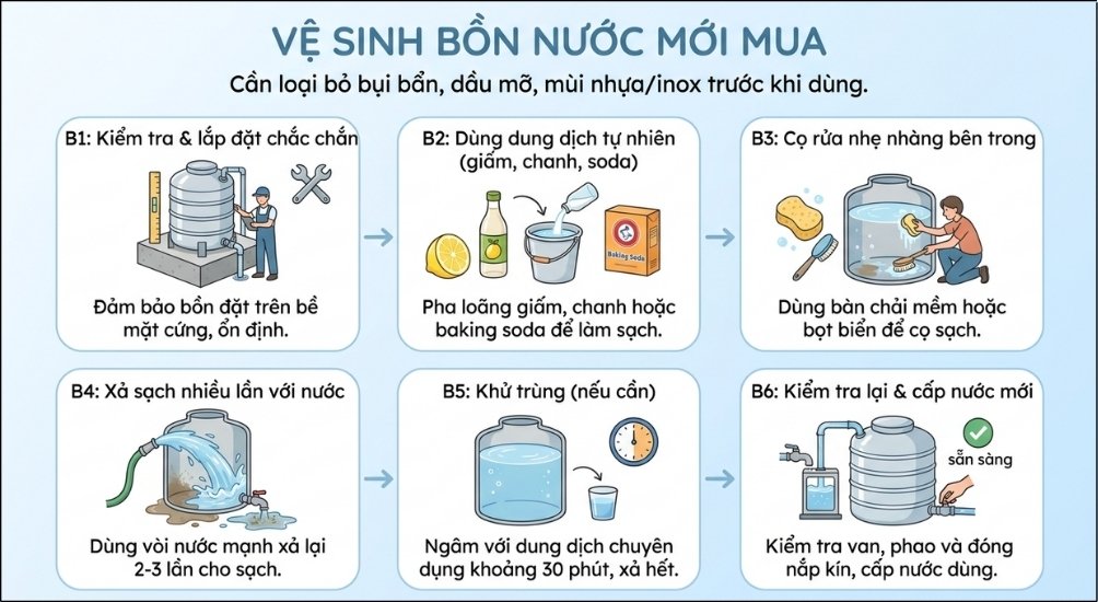 Vệ sinh bồn nước mới mua là bước cực kỳ quan trọng để loại bỏ bụi bẩn, dầu mỡ và mùi nhựa/inox