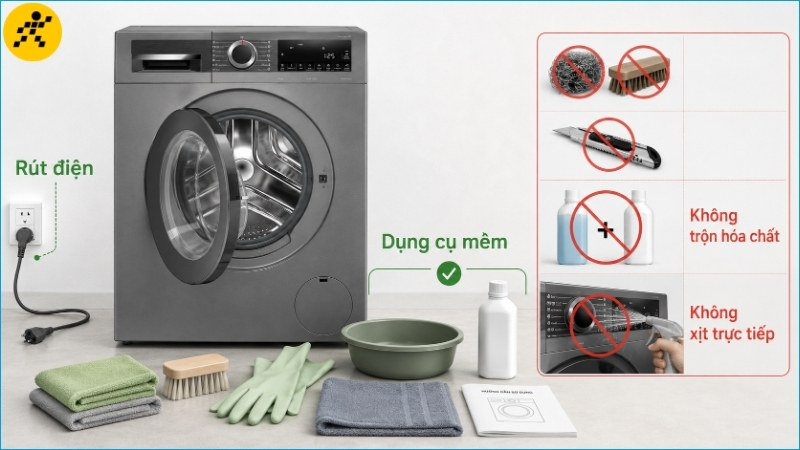 Dùng khăn và bàn chải mềm, đồng thời rút điện trước mọi thao tác vệ sinh thủ công Dùng khăn và bàn chải mềm, đồng thời rút điện trước mọi thao tác vệ sinh thủ công