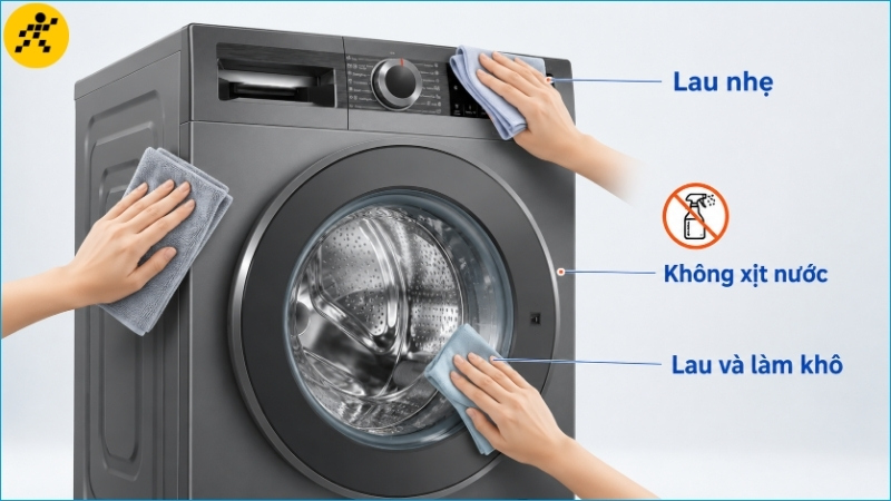 Khăn cần được vắt ráo khi lau thân máy, bảng điều khiển và kính cửa Khăn cần được vắt ráo khi lau thân máy, bảng điều khiển và kính cửa