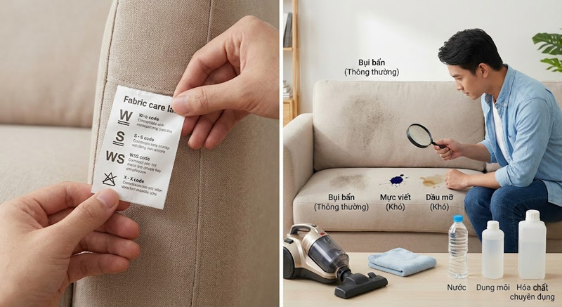 Trước khi vệ sinh sofa, hãy đọc kỹ nhãn mác và xác định loại vết bẩn để chọn đúng dung dịch, tránh hư hỏng ghế