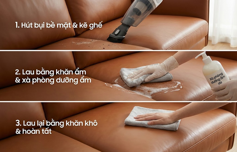 Hút bụi kỹ, lau nhẹ bằng khăn ẩm pha xà phòng dưỡng ẩm rồi lau khô để sofa da sạch đẹp, bền màu