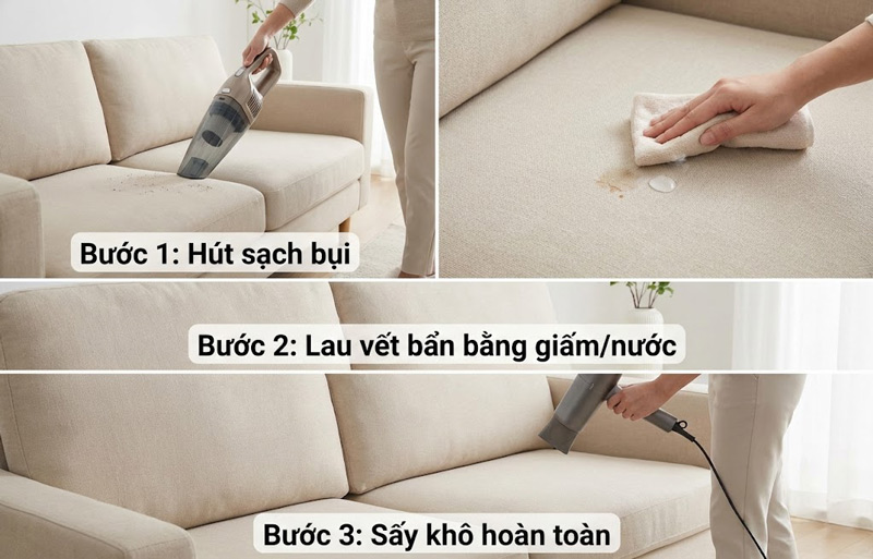 Hút sạch bụi, lau vết bẩn bằng khăn thấm giấm hoặc nước sạch, sấy khô kỹ để tránh ẩm mốc