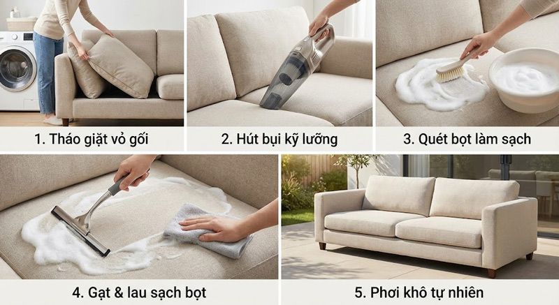 Tháo áo gối giặt riêng, làm sạch ghế bằng bọt xà phòng loãng, lau kỹ và để sofa khô tự nhiên