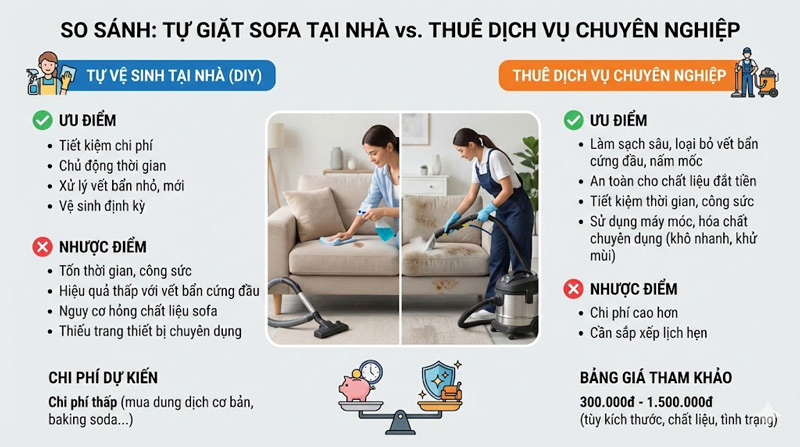 Tùy mức độ bẩn, chất liệu và thời gian, bạn có thể tự giặt tại nhà hoặc chọn dịch vụ để sạch sâu