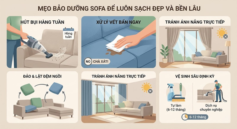 Hút bụi đều đặn, xử lý vết bẩn sớm và vệ sinh định kỳ giúp sofa bền đẹp như mới